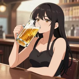 2D Masculine anime girl sitting at a bar, holding a large glass of beer, obviously drunk, camera angle looking up at her, anime, detailed eyes with stars as pupils, warm orange lighting, beautiful scene