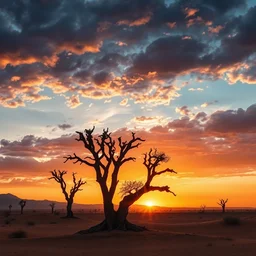 beautiful landscape photography by marc adamus, sahara desert, old trees,, sunset, dramatic sky