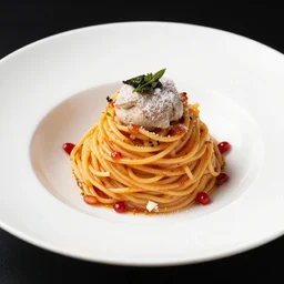 extremely delicious looking photo of beautiful spaghetti,, unique way of serving, very expensive top quality product, michelin star, most perfect desert on the world, small manufacture, unique style, 8 k, product photography, professional studio photography