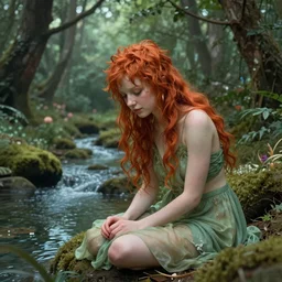 Ed Sheeran as a shy forest nymph. beautiful flowing auburn hair and slender feminine body. this nymph is so demure. She plays along the banks of an enchanted river in a cozy glade. I feel happy when I see this wonderful work of art. Highly detailed art.