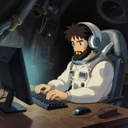 a spaceship pilot with a black beard working on a computer, painting by Craig Mullins, octane rendering, wide angle lens, in the style of Hayao Miyazaki, trending on artstation, extreme contrast