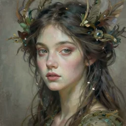 portrait of a beautiful nature goddess, graceful, esoteric, muted colors, head in focus, fantasy art, nature aesthetics, intricate, elegant, highly detailed hyperrealistic painting, artstation, concept art, painterly, sharp focus, illustration, art by hans jokem bakker