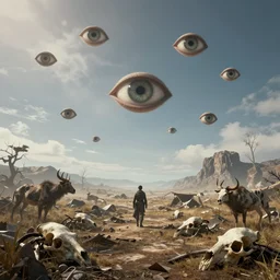 the pain of a million eyes in the sky looking down on a post - apocalyptic landscape littered with the bones of wild animals, unreal engine