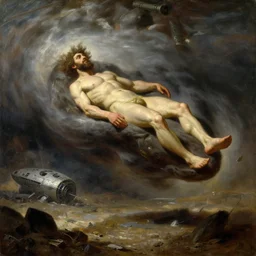 sarcophagus suspended in a whirlwind over a wasteland battlefield with a crashed spaceship in the background, oil painting, in the style of John Martin