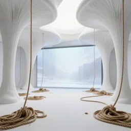 tarkovsky stalker greatest scene, refik anadol led screen render, interior neo futuristic ultra white and clean mycelium architecture, stranded natural hemp ropes, biennale architecture installation, bioremediation, + unreal engine 5 + realistic render