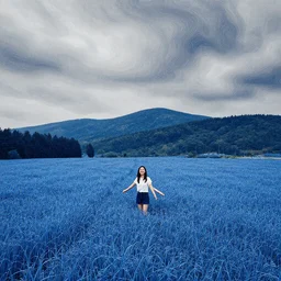 large and flowing and panoramic. details are filled in with dots. a woman stands happily in a blue field. in the distance a mountainous forest can be seen. a gray sky with dark blue swirls seems to surround the field.