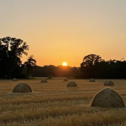 indiana sunset, rural, hay field surrounded by trees, photorealistic, summer