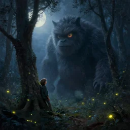 a small boy leaning on a tree encounters a giant furry one - eyed monster in a misty moonlit forest, painting by peter mohrbacher. surrounded by fireflies, cinematic lighting
