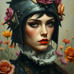 portrait of a medieval warrior, goth punk, floral flowers, vibrant colors, surreal, a french baroque by jean paul gaultier, art by greg rutkowski by john william waterhouse, oil on canvas