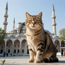 A giant cat sitting next to a mosque in Istanbul, daytime, photorealistic, 4K, HD, award winning