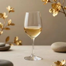 5 5 mm photo of wine - glass on a zen minimalist table with gold flowers in the background. highly detailed 8 k. intricate. lifelike. warm soft light. nikon d 8 5 0.