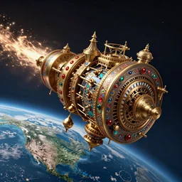 complex magic mechanism, time machine flying over the earth, steampunk, indian style, ornament, mechanism leaving, a luminous trail, intricate clockwork, photorealistic rendering, 4 k rendering, intricate details,