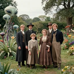 sharp, highly detailed, 32768k film, 15750mm film still from a sci fi blockbuster color movie made in 2019, set in 1860, of a family standing in a park, next to some strange alien plants and flowers, on an alien planet, the family are all wearing 1860s era clothes, good lighting, good photography, in focus, 35mm macro lens