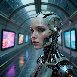 detailed face of a clockwork biomechanical woman, moment, elevated train glass tunnel, electronic billboards, tech noir, wet reflections, prism, atmospheric, ambient, pj crook, syd mead, livia prima, greg rutkowski, edward hopper