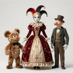 detailed ultrarealistic photography medium shot of fantasy jester queen addams family and furry muppet puppet postapocalyptic leyendecker, symmetric norman rockwell, ian miller, artstation cinematic, vray game of thrones, lord of the rings, star wars