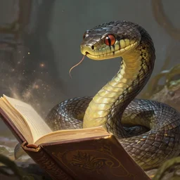 closeup 2 8 mm a snake reading a story, d & d, fantasy, intricate, action pose, particle effects, highly detailed, digital painting, artstation, concept art, matte, sharp focus, volumetric lighting, illustration, hearthstone, art by artgerm, wlop, craig mullins, alphonse mucha