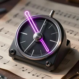 Cyberpunk mechanical metronome with a neon tuning fork, music sheets in the background, cinematic