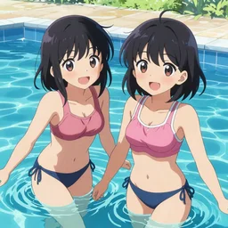 An illustration of two tank top-clad girls as ToLoveRu, playing at swiming pool, japanese high school, digital painting, comic book's cover, highly detailed, sharp focus, sunny, art by Yabuki Kentarou, trending on Pixiv.