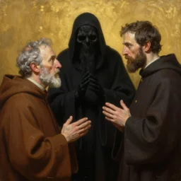 beautiful oil matte portrait painting, priests arguing with the grim reaper, detailed faces, wonderful masterpiece highly detailed, beautiful cinematic light deep focus, elegant, digital painting, smooth, sharp focus, golden ratio, dramatic illumination, ultra realistic, 8 k, art by jimmy law and nathan walsh