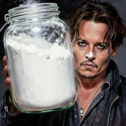 an epic comic book style painting of johnny depp with a giant jar of white powder, white powder on his nose and face, trending on artstation, dynamic lighting
