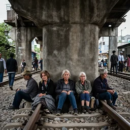 poor people life under railway bridge, award winning, realistic, 4 k, hyper details, portrait by steve mccury and annie leibovitz and chindy sherman, best on adobe stock, cinematic, detailed place and people