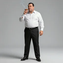 a midage italian male, short hair with gel, sharp teeth, overweight, fine white shirt, leather belt, black suit pants, leather shoes, smoking a cigar, full body, isolated background, concept art, highly detailed, hyper realistic, unreal engine
