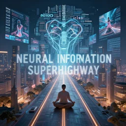 neural information superhighway, symbolic highway future city metaphor, word clouds and projected images, projections, futuristic neural interface vibes, illustration by moebius, meditation zen, octane render 1 6 k, masterpiece of digital neural art,
