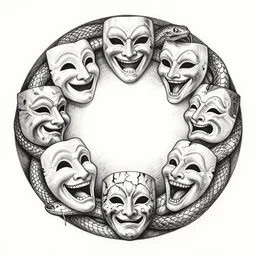 an ink drawing of eerie comedy and tragedy theater masks circled by a snake, cracked, elaborate detail, shape of a circle, circular shape