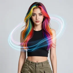 a award winning half body portrait of a beautiful woman with stunning eyes in a croptop and cargo pants with rainbow colored hair, routlined by whirling illuminated neon lines, fine rainbow colored lines swirling in circles, outrun, vaporware, shaded flat illustration, halftone, digital art, trending on artstation, highly detailed, fine detail, intricate