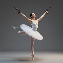 a beautiful photography of a ballerina holding two uzi in each hand passe en releve with outstretched arms by greg rutkowsi, 8 k render, octane render