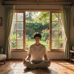 Very detailed photoillustration of a meditative room in the warm morning sunlight with windows showing a beautiful garden, studio Ghibli