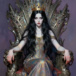 a beautiful black haired woman with pale skin and a crown on her head, sat on an intricate metal throne, illustration, artistic, colourful, hyper detailed, high quality, digital painting by greg rutkowski,