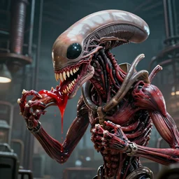 hr giger highly detailed anatomical biomechanical industrial factory made to chew object via teeth, biomechanical xenomorph machine made of teeth red gums red sinew red muscle, disturbing biohorror saliva, cinematic 3 d render unreal engine, photorealistic, volumetric lighting, photographed by hr giger, rendered by hr giger, designed by hr giger