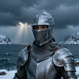knight, norway fjord, extreme close up portrait, hudson river school, max rive, armor made of ocean, stormy seas, beautiful, bokeh, female, snowy, storm clouds, god rays, extreme close up portrait, d & d, fantasy, elegant, low key color palette, concept art, roger deakins and greg rutkowski and alphonse mucha