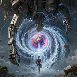 a machine god in the machine universe encounters a living being organic cosmos inside an asymmetric orthogonal non - euclidean upside down inside out world with an infinite cosmic spiral waterfall of living information, inspired by android jones and beeple, hyperrealistic, extreme detail, digital art, concept art, rendered in cinema 4 d, cryengine 8 k