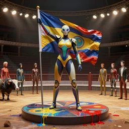 a transforming model wearing futuristic bodysuit waving a flag on a rotating platform in a bullring surrounded by lights by james jean and luc tuymans and beeple and hernan bas and pat steir and hilma af klint, psychological, 3 d, dripping paint, high quality render, masterpiece
