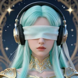 close up portrait, delicate blindfolded princess warrior wearing headphones with pale cyan mane, stars and night background, ornate alphonse mucha, rhads, ross tran, artstation, artgerm, octane render, 1 6 k