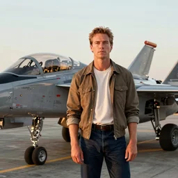 Portrait  (30 year old Bill Paxton) standing next to an F14 plane, golden hour, film still from Top Gun 1986