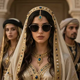 a detailed fantasy character portrait of om kalthoum wearomg sunglasses as goddess of oriental music by lauri blank, artgerm, evelyn de morgan, 8K, 50mm lens