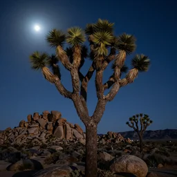 night sky with joshua trees lit by moonlight