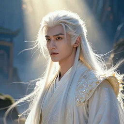 a portrait of a handsome elven prince, white fringy hair, backlit, incredible lighting, strong rim light, subsurface scattering, epic beautiful landscape, highly detailed, god rays, digital painting, HDRI, by Heise Jinyao, Heise-Lian Yan Fang, Feimo, Richard Taddei, vivid colors, high contrast, 8k resolution, intricate, photorealistic, smooth