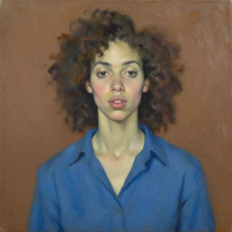 expressive medium shot portrait of a pale young 8 0 s model black woman with curly brown hair, big lips, wearing a blue shirt, brown background, oil painting, impasto, muted colors, artwork by lucian freud, arnold bocklin