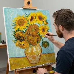 An oil painting of Van Gogh is working on a painting in a sunflower field, by Van Gogh