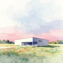 a colorful and extremely beautiful and minimalist masterpiece watercolor architectural illustration of an isolated structure in an open field in the style of rez,
