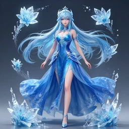 detailed, sharp, full body portrait of a fantasy female mage wearing long blue dress using ice flower trending on artstation, anime arts, featured on Pixiv, HD, 8K, highly detailed, good lighting, beautiful, epic, masterpiece
