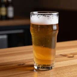 close up of a glass of beer on an oak surface of a bar in a cafe, warm colors, dark background, high contrast, hyperdetailed, hyperrealistic