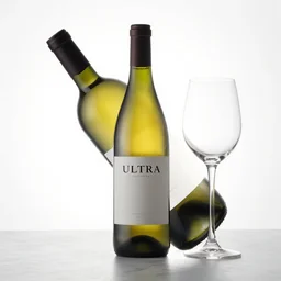 ultra wine bottle and glass, low angle view, backlighting, marble, product photography, menu image