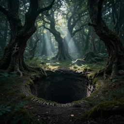 a mysterious sinkhole by an ancient forest of gnarled trees, an ecological gothic scene, a bewitching darkness, witch runes in the deep forest surrounding the sinkhole, magical clearing, sunshafts, dramatic lighting, dust motes floating in the sunlight, 4 k concept art