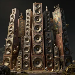 highly detailed surreal vfx portrait of a 3 d landscape of stacks of recursive speakers, polyphonic ecstacy, ornate, hyperrealistic, octane render, chiaroscuro, inspired by james jean, mandelbulb 3 d, android jones, beeple, rhads, alphonse mucha, frostbite 3 engine
