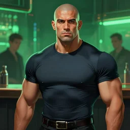 character concept portrait, muscular latino bald bouncer, bodybuilder, tight shirt, cyberpunk bar background, digital painting, green neon, bokeh, detailed, highly detailed, smooth, sharp focus, illustration by ruan jia and mandy jurgens and william - adolphe bouguereau, artgerm